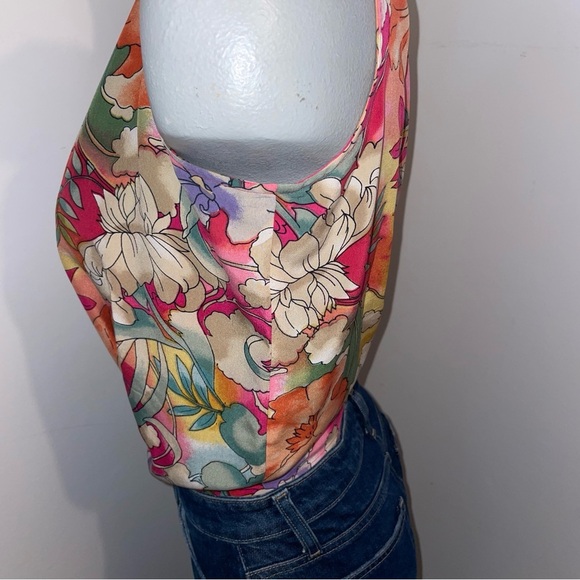 Tess vintage tank top scoop neck silk purple pink orange floral large - Picture 2 of 5